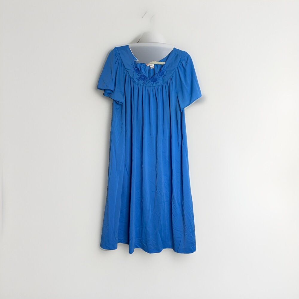 Shadowline Women’s Blue Vintage 1X Pullover Night Gown Floor Length Cap Sleeve